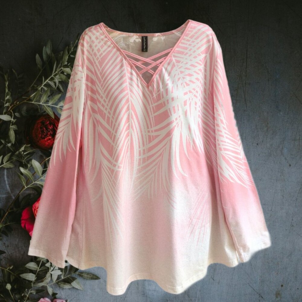 JustFashionNow Womens Top Blouse Long Sleeves Pink White Size XXL